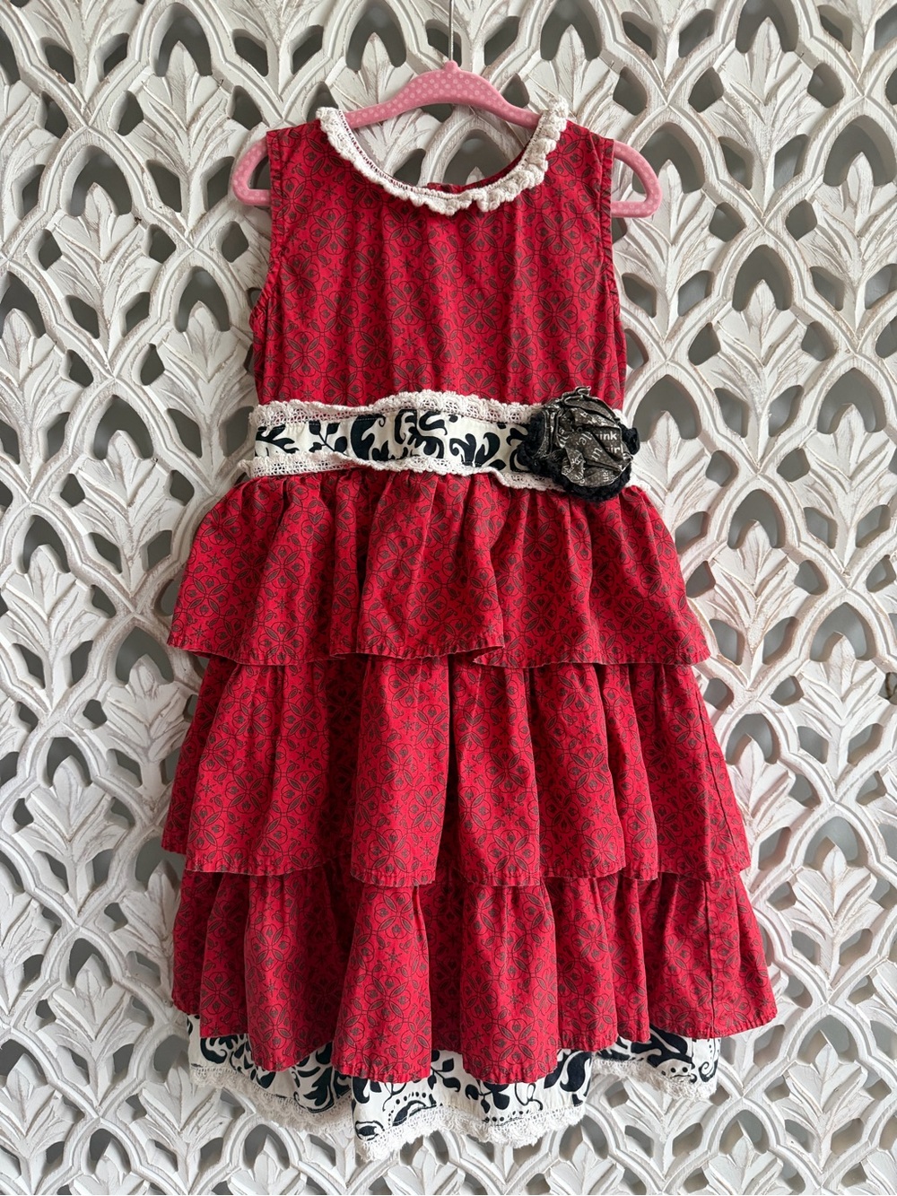 Mustard Pie Girls Red Tiered Ruffle Dress Size 6 Lace Belt Boutique